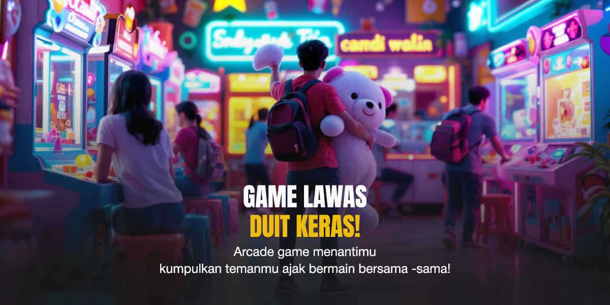 Suasana arcade dengan lampu neon cerah dan remaja bermain mesin claw, membawa boneka besar sebagai hadiah utama.